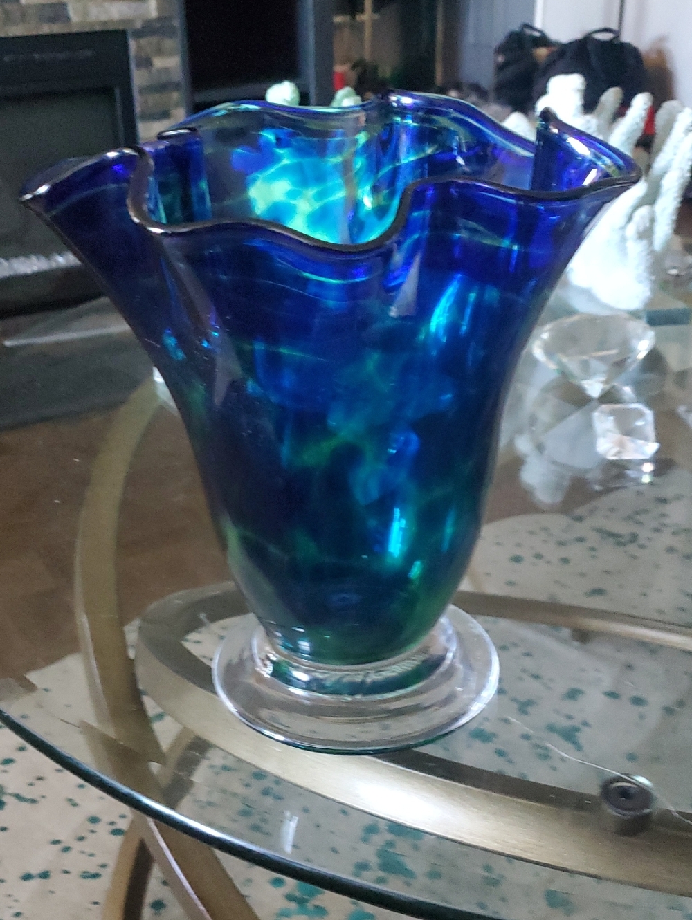 Signed Ruffled Art Glass Vase in Iridescent Blue-Green